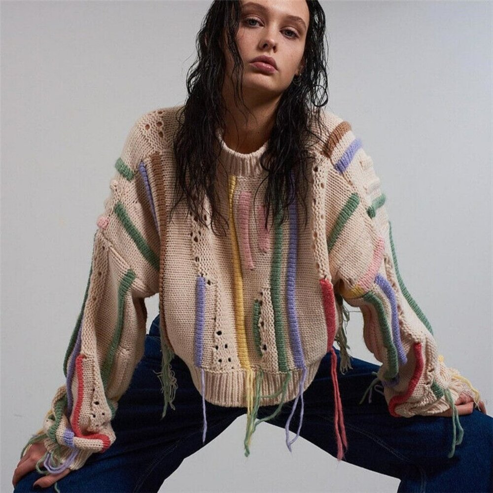Davi & Dani Multicolor Fringe Knit Sweater L Relaxed Fit Long Sleeve Ivory
